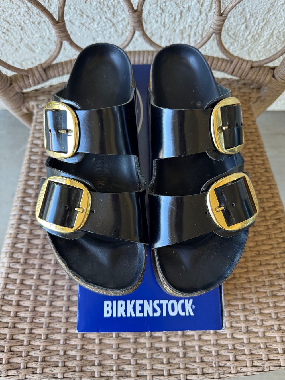 Birkenstock Arizona Big Buckle Sandals in Black with Gold Buckles - Picture 2 of 10